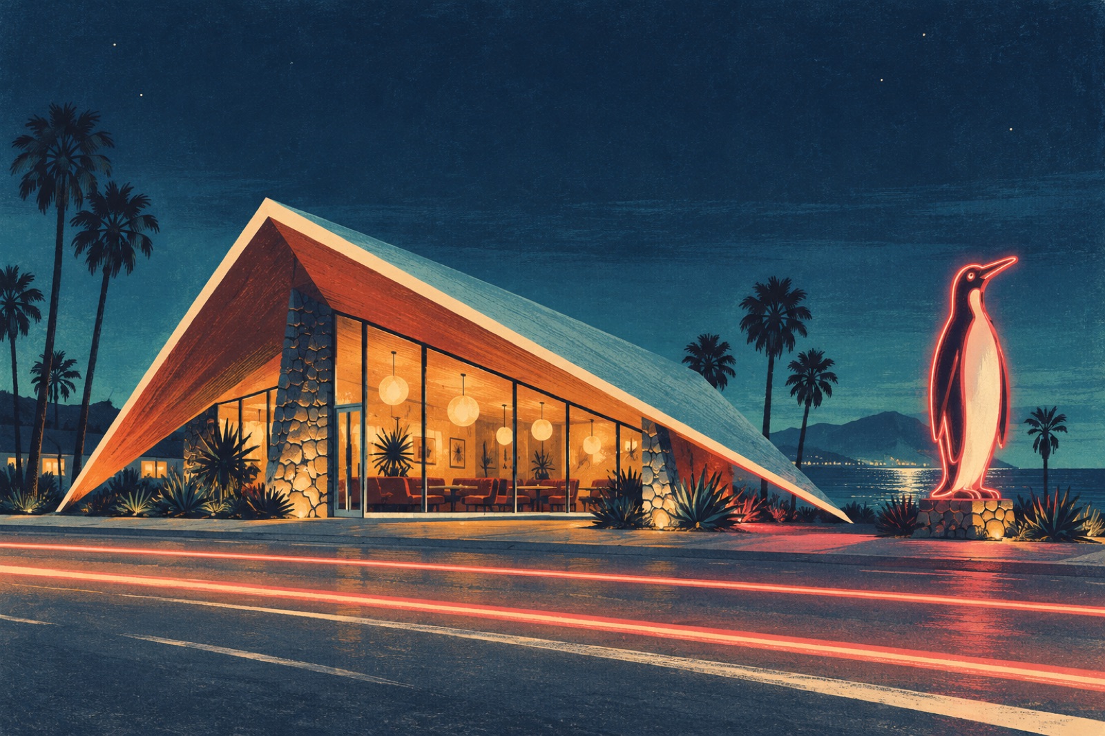 Illustration of a 1959 Googie coffee shop at night, its angular roof lit from inside, under a penguin-shaped neon sign